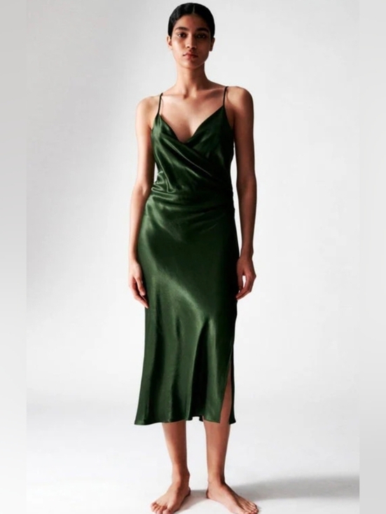 Zara Dresses & Skirts - Zara Dark Green Satin Midi Slip Dress